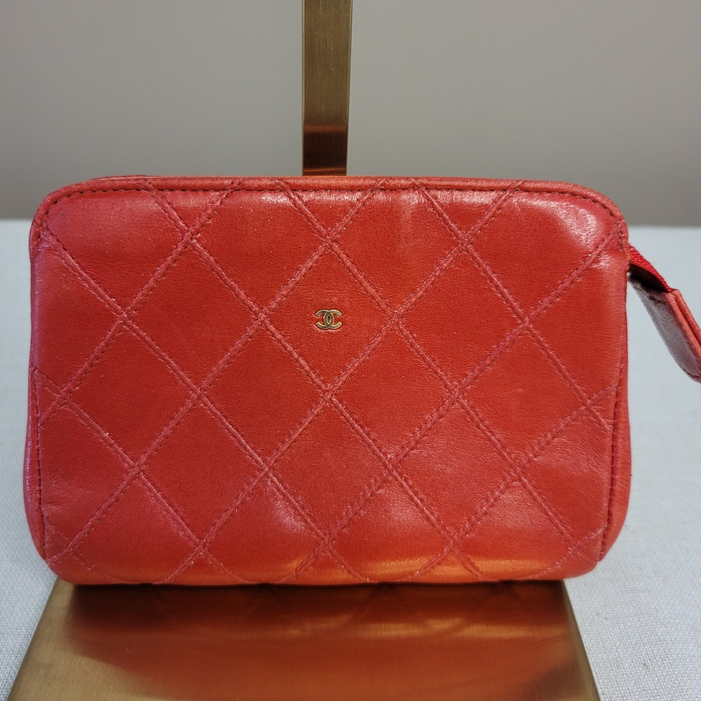 Chanel Red Quilted Lambskin Leather Change Pouch Wallet Clutch
